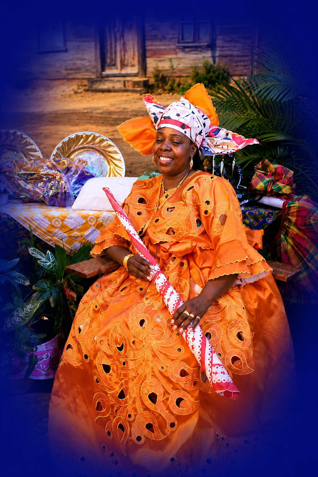Surinaamse vrouw in traditionele blauwe kleding