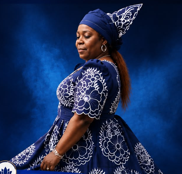 Surinaamse vrouw in traditionele blauwe kleding